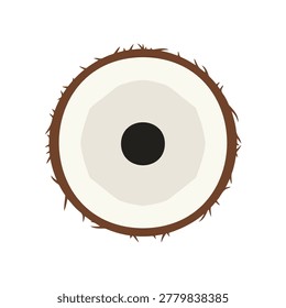 Coconut cross section illustration with detailed husk texture, white inner flesh, and central dark spot, isolated on white background.