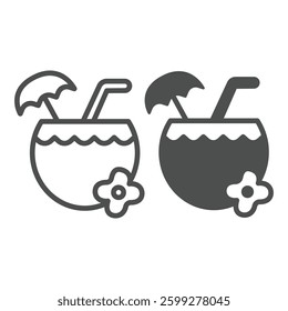 Coconut cup with umbrella and flower line and solid icon, tropical voyage concept. Vector graphics. Tropical drink, beverage sign on white background, outline style icon for mobile or web design