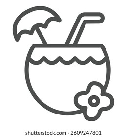 Coconut cup with umbrella and flower line icon, tropical voyage concept. Vector graphics. Tropical drink, beverage sign on white background, outline style icon for mobile or web design