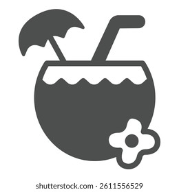 Coconut cup with umbrella and flower solid icon, tropical voyage concept. Vector graphics. Tropical drink, beverage sign on white background, glyph style icon for mobile or web design