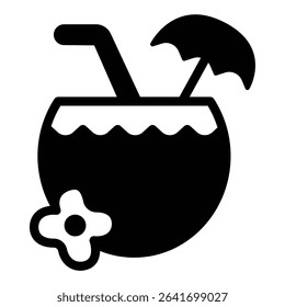 Coconut cup with umbrella and flower solid icon, tropical voyage concept. Vector graphics. Tropical drink, beverage sign on white background, style mobile or design