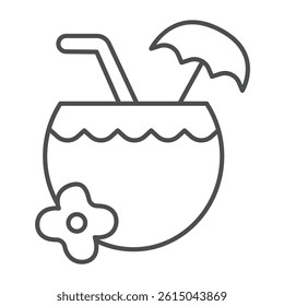 Coconut cup with umbrella and flower thin line icon, tropical voyage concept. Vector graphics. Tropical drink, beverage sign on white background, outline style icon for mobile or web design