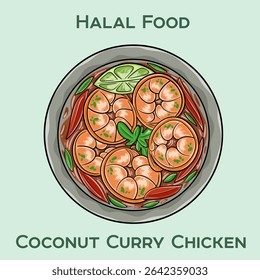 Coconut Curry Chicken, a delightful halal dish featuring tender chicken in a rich, creamy coconut curry sauce, infused with aromatic spices