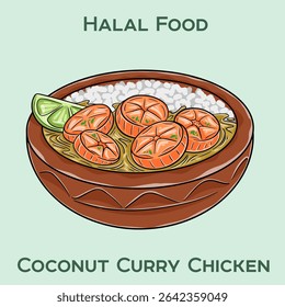 Coconut Curry Chicken, a delightful halal dish featuring tender chicken in a rich, creamy coconut curry sauce, infused with aromatic spices