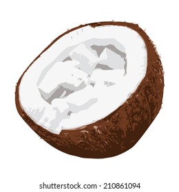 Coconut cut in half with coconut stripes - chips isolated