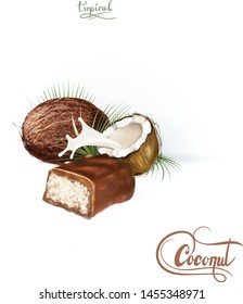coconut cut milk filling candy 3d realistic illustration background template vector