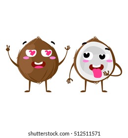 Coconut. Cute fruit vector character couple isolated on white background. Funny emoticons faces. Vector illustration. Vector clip art.