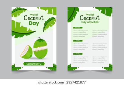 Plantilla de diseño de invitación a la actividad del día del coco, actividades del fin de semana a4 diseño de afiches o volantes, ilustración vectorial eps 10