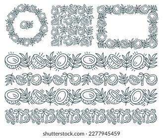 Coconut design kit. Line ornament background set. Editable outline stroke. Vector line.