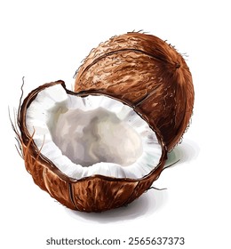 Coconut detailed vector illustration with rough, textured brown outer shell and the soft, white flesh inside. One coconut half is split open. Food, tropical organic cracked coconut.