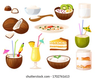 Coconut dishes, isolated set of food and beverages menu, tropical cuisine, vector illustration. Healthy meal with coconut ingredient, refreshing cocktail and sweet dessert, natural organic vegetarian