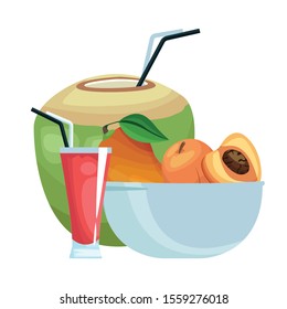 coconut drink and bowl with fruits over white background, vector illustration