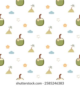 Coconut drink cartoon so cute. On sun tree cloud white background. Pattern seamless vector illustration. 