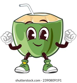 mascota del personaje de la bebida de coco con paja con una cara linda saludable y vibrante, ilustración aislada del vector de dibujos animados. emoticono, linda mascota de coco