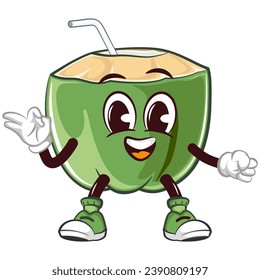 coconut drink character mascot with a straw with a funny face giving an okay sign, isolated cartoon vector illustration. emoticon, cute coconut mascot