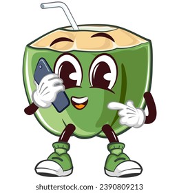 coconut drink character mascot with straw with funny face communicating by cellphone, isolated cartoon vector illustration. emoticon, cute coconut mascot