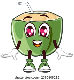 coconut drink character mascot with a straw with a cute face being in love, isolated cartoon vector illustration. emoticon, cute coconut mascot