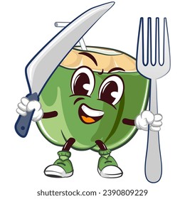 coconut drink character mascot with a straw with a funny face carrying a kitchen knife and fork, isolated cartoon vector illustration. emoticon, cute coconut mascot