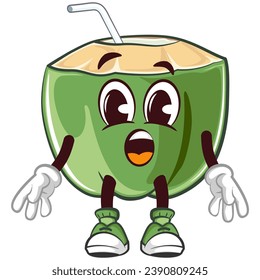 coconut drink character mascot with straw with shocked funny face, isolated cartoon vector illustration. emoticon, cute coconut mascot