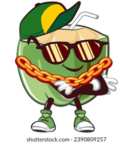 coconut drink character mascot with a straw with a funny face in hip-hop style wearing a hat, sunglasses and a gold chain necklace, isolated cartoon vector illustration. emoticon, cute coconut mascot