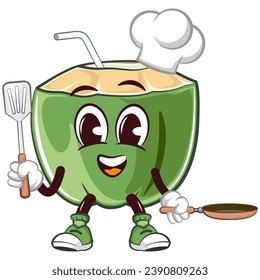 mascota del personaje de la bebida de coco con paja con cara graciosa en sombrero de chef que lleva espátula y sartén frita, ilustración aislada del vector de dibujos animados. emoticono, linda mascota de coco