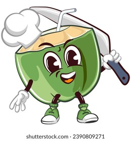 coconut drink character mascot with straw with funny face in chef hat carrying kitchen knife, isolated cartoon vector illustration. emoticon, cute coconut mascot