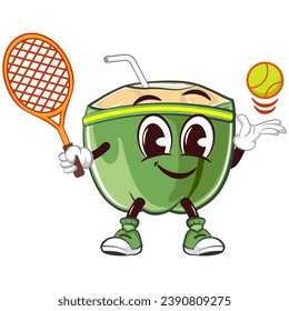 coconut drink character mascot with a straw with a funny face playing tennis with a ball and also a racket, isolated cartoon vector illustration. emoticon, cute coconut mascot