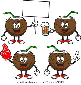 Coconut Drink Character Set 01, Hand Drawn Vector illustrations, Isolated On Transparent Background
