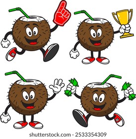 Coconut Drink Character Set 02, Hand Drawn Vector illustrations, Isolated On Transparent Background
