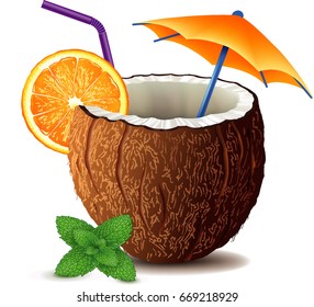 coconut drink cocktail with mint leaf and orange slice