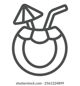 Coconut drink with cocktail parasol line icon, exotic drinks concept. Vector graphics. Fruit cocktail with umbrella sign on white background, outline style icon for mobile or web design