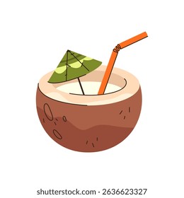 Coconut drink or cocktail with straw and umbrella. Vector icon for tropical fruit sliced in half with juice. Beverage for summer vacation and beach bar. Exotic mocktail for island. Leisure, relaxation