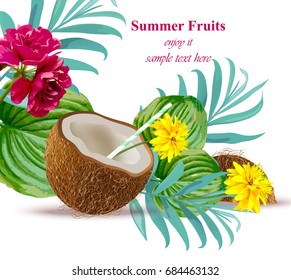 Coconut drink cocktail Tropical floral Summer refreshing background Vector illustrations