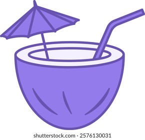 Coconut Drink Color Icon. Vector Icon. Coconut, Umbrella, and Straw. Festive Sweet Drink. Brazilian Carnival Concept