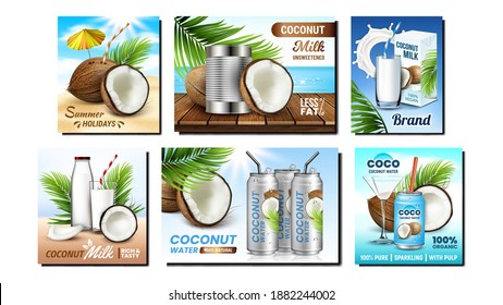 Coconut Drink Creative Promo Posters Set Vector. Eco Natural Dairy Liquid And Water, Blank Packages And Glasses, Coconut And Exotic Tree Branches Advertise Banners. Style Concept Layout Illustrations