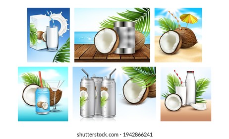 Afiches De Promo Creativo De Bebida De Coco Set Vector. El Líquido Y El Agua Lácteos Naturales Ecológicos, Los Paquetes Y Lentes Blanqueados, Las Ramas De Coco Y Árboles Exóticos Publicitan Pancartas. Ilustraciones de diseño de concepto de estilo