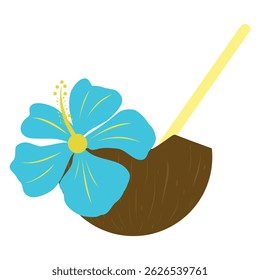 Coconut drink with drinking straw and blue flower. Illustration of tropical drink