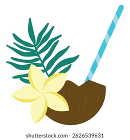 Coconut drink with drinking straw, leaves and flower. Illustration of tropical drink
