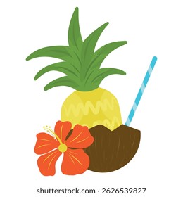 Coconut drink with drinking straw, pineapple and flower. Illustration of tropical drink