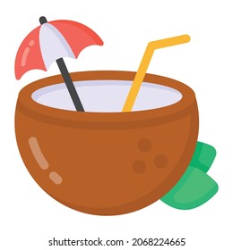 Coconut Drink In Flat Style Icon, Summer Beverage 