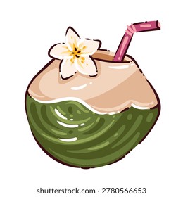 Coconut drink with green shell, creamy top, straw, plumeria flower and native doodle style. Summer beverage detail with Thai coconut drink, cartoon vector illustration.