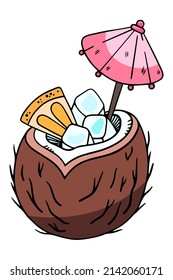 Bebida de coco con hielo, elemento de un diseño vectorial de verano al estilo de los garabatos, aislada en un fondo blanco