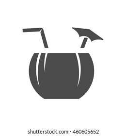 Coconut drink icon in black and white grey single color. Tropical Asian.