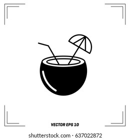 Coconut drink icon in black and white grey single color. Tropical Asian.