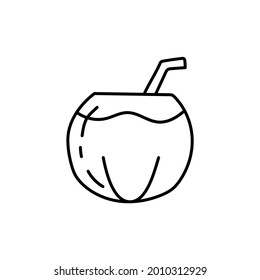 Coconut drink icon in flat black line style, isolated on white background 