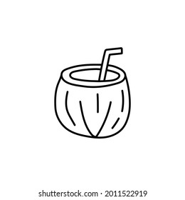 Coconut drink icon in flat black line style, isolated on white background 