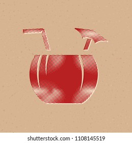 Coconut drink icon in halftone style. Grunge background vector illustration.