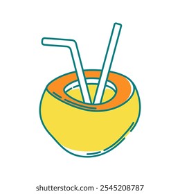 Ilustración de icono de bebida de coco con paleta de colores brillantes en estilo doodle Ideal para vacaciones, pasatiempos y diseños temáticos de ocio.