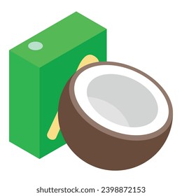 Coconut drink icon isometric vector. Fresh coconut half and juice packaging icon. Food and beverage concept