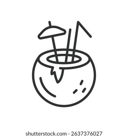 Coconut drink, icon in line design. Coconut drink, coconut water, beach drinks, summer refreshment, exotic cocktail, vacation drinks on white background vector. Coconut drink editable stroke icon